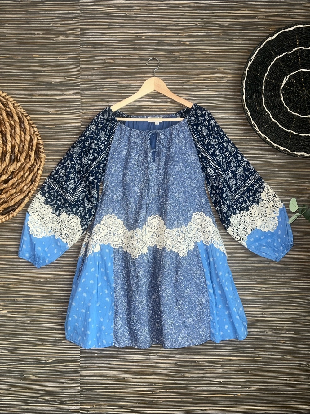 LOFT Lace Paisley Tie Mini Dress Boho Western Precious Sapphire SMALL pockets! - Picture 4 of 17